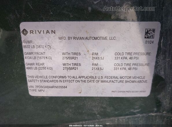 7PDSGABA4RN035584 2024 RIVIAN R1S Green Widok komory silnika