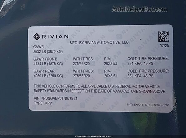 7PDSGABP0TN078721 2026 RIVIAN R1S Зеленый Вид подкапотного пространства