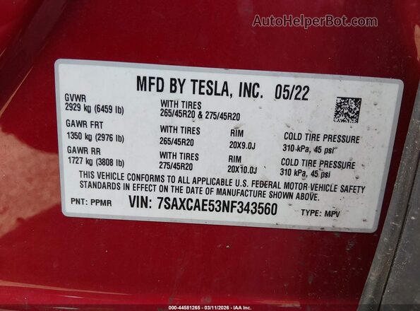 7SAXCAE53NF343560 2022 TESLA MODEL X Red Widok komory silnika
