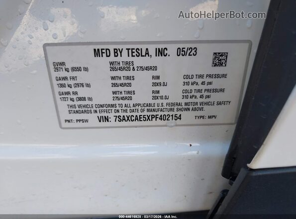 7SAXCAE5XPF402154 2023 TESLA MODEL X Белый Вид подкапотного пространства