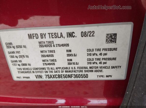 7SAXCBE50NF360550 2022 TESLA MODEL X Бордовый Вид подкапотного пространства