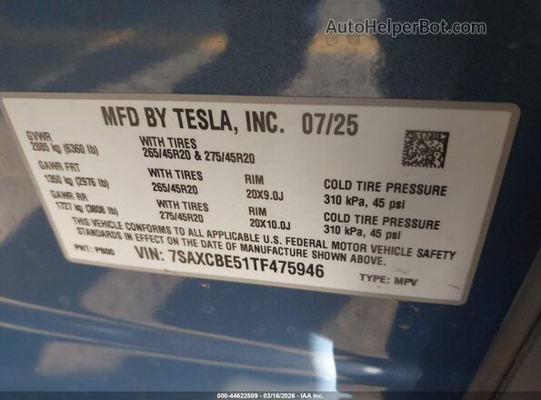 7SAXCBE51TF475946 2026 TESLA MODEL X Blue Widok komory silnika