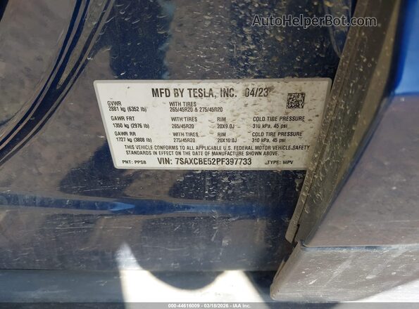 7SAXCBE52PF397733 2023 TESLA MODEL X Синий Вид подкапотного пространства