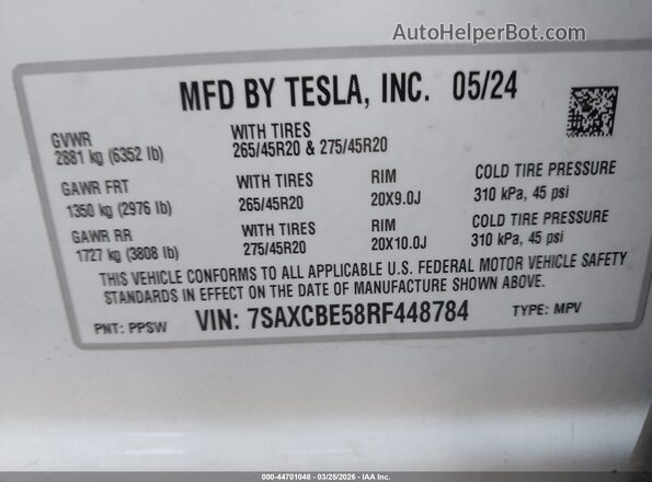 7SAXCBE58RF448784 2024 TESLA MODEL X White Vista del compartimento del motor