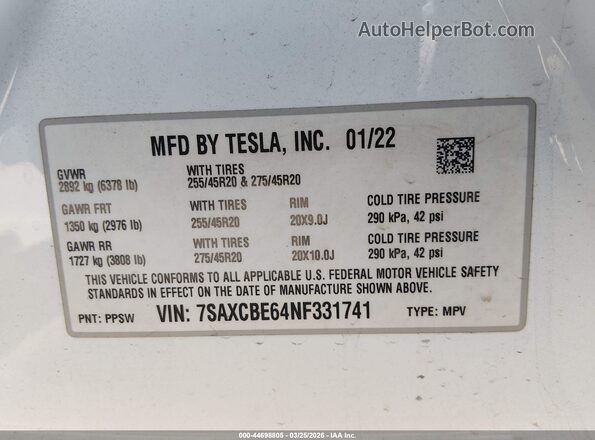 7SAXCBE64NF331741 2022 TESLA MODEL X Белый Вид подкапотного пространства