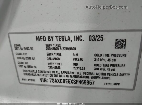 7SAXCBE6XSF469957 2025 TESLA MODEL X Белый Вид подкапотного пространства