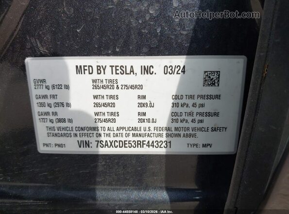 7SAXCDE53RF443231 2024 TESLA MODEL X Синий Вид подкапотного пространства