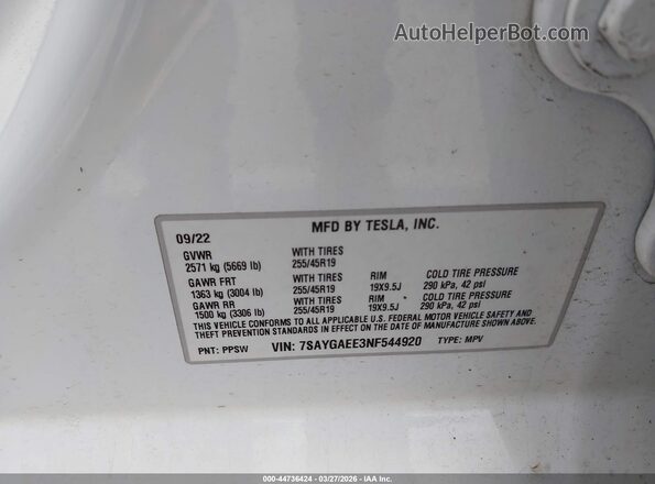7SAYGAEE3NF544920 2022 TESLA MODEL Y White Вид підкапотного простору