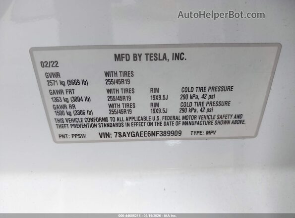 7SAYGAEE6NF389909 2022 TESLA MODEL Y Black ძრავის განყოფილების ხედი
