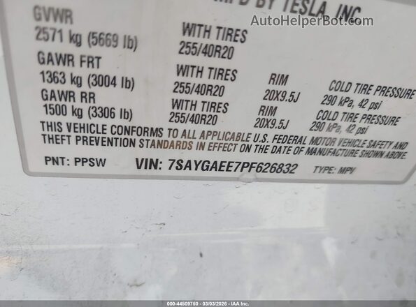 7SAYGAEE7PF626832 2023 TESLA MODEL Y White Вид наклейки з VIN-кодом