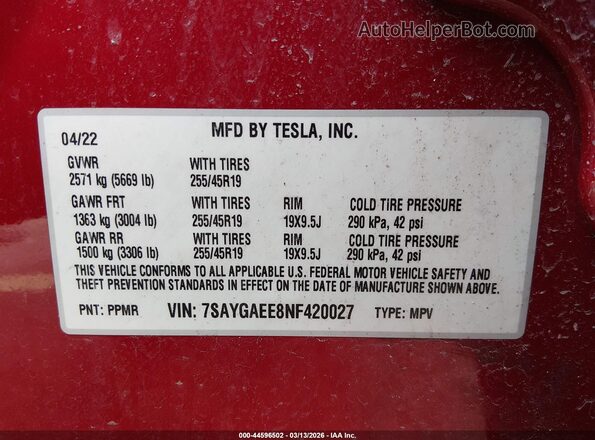 7SAYGAEE8NF420027 2022 TESLA MODEL Y Red Widok komory silnika