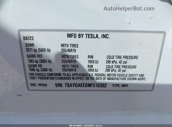 7SAYGAEE8NF518362 2022 TESLA MODEL Y Белый Вид подкапотного пространства