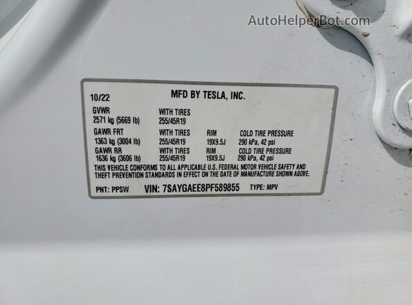 7SAYGAEE8PF589855 2023 TESLA MODEL White Widok naklejki z numerem VIN