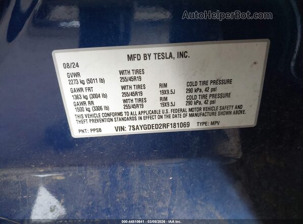 7SAYGDED2RF181069 2024 TESLA MODEL Y Dark Blue Vista del compartimento del motor