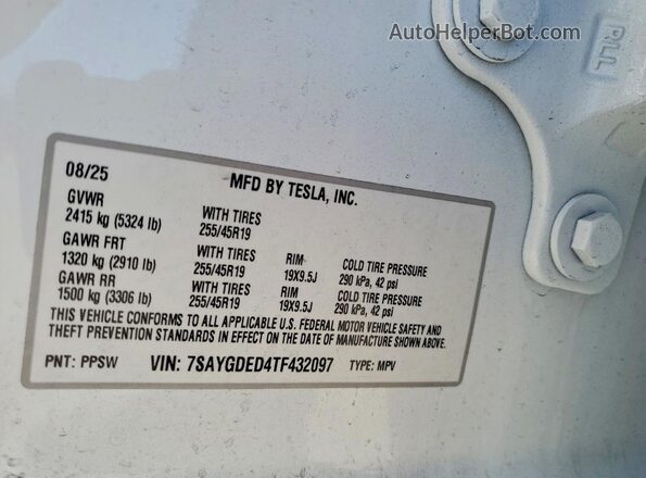 7SAYGDED4TF432097 2026 TESLA MODEL White Vista de la etiqueta del VIN