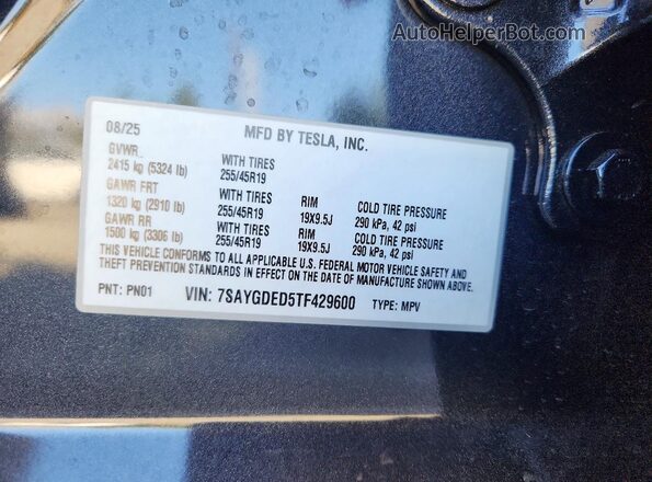 7SAYGDED5TF429600 2026 TESLA MODEL Gray VIN sticker view