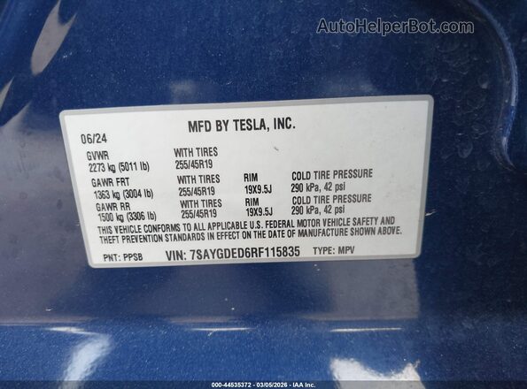 7SAYGDED6RF115835 2024 TESLA MODEL Y Blue Engine compartment view
