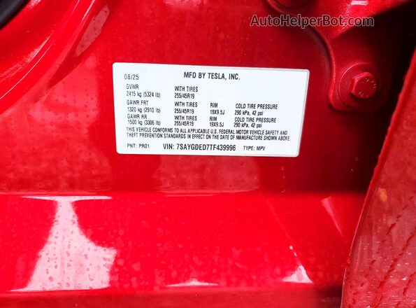 7SAYGDED7TF439996 2026 TESLA MODEL Red Вид наклейки з VIN-кодом