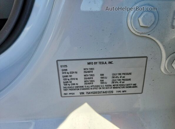 7SAYGDEDXTA451220 2026 TESLA MODEL White Вид підкапотного простору