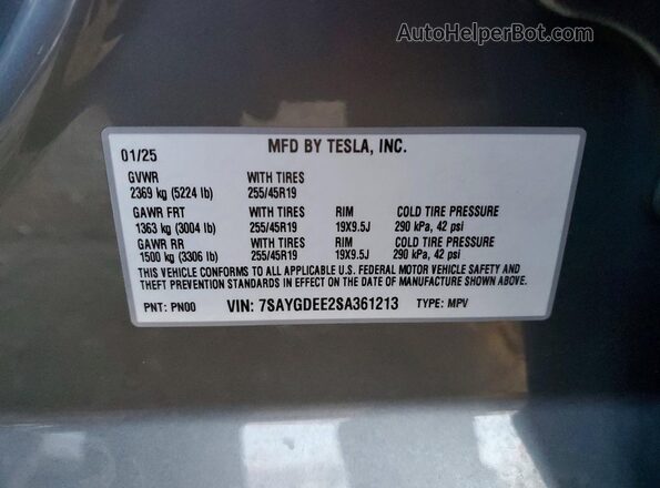 7SAYGDEE2SA361213 2025 TESLA MODEL Silver Vista de la etiqueta del VIN