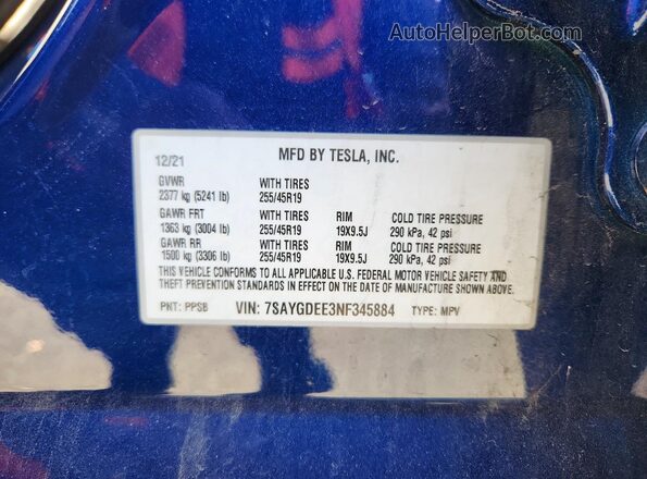 7SAYGDEE3NF345884 2022 TESLA MODEL Blue Vista interior de 360 grados