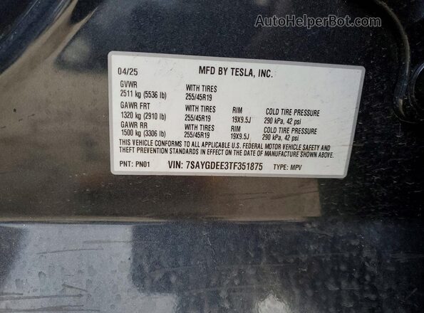 7SAYGDEE3TF351875 2026 TESLA MODEL Charcoal Widok naklejki z numerem VIN