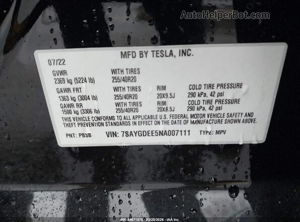 7SAYGDEE5NA007111 2022 TESLA MODEL Y Черный Вид подкапотного пространства