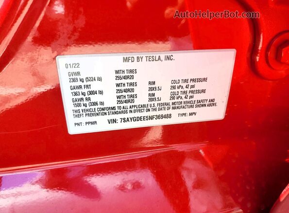 7SAYGDEE5NF369488 2022 TESLA MODEL Red VIN sticker view