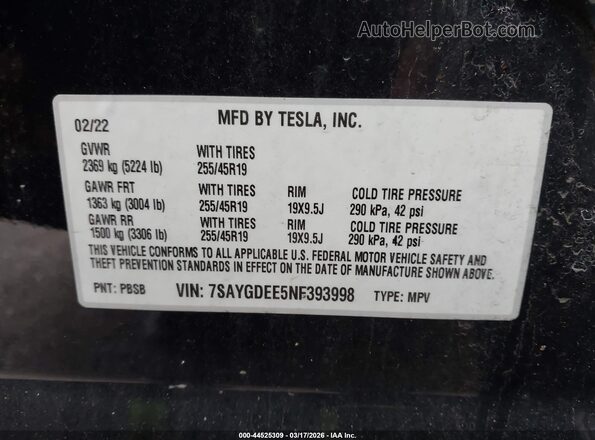 7SAYGDEE5NF393998 2022 TESLA MODEL Y Black Շարժիչի բաժամունքի տեսք