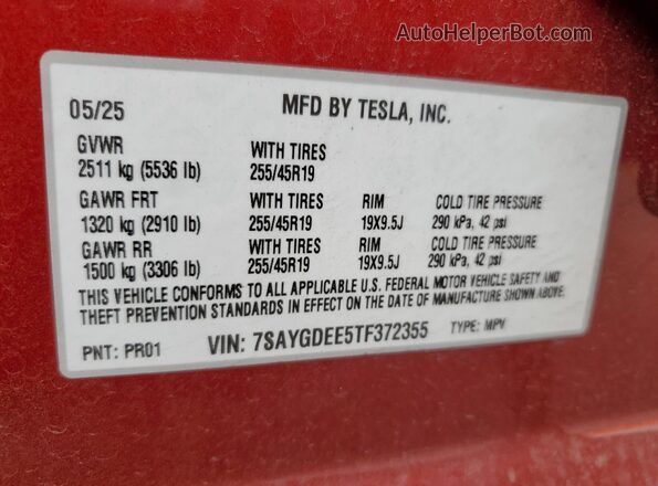 7SAYGDEE5TF372355 2026 TESLA MODEL Red Вид наклейки з VIN-кодом