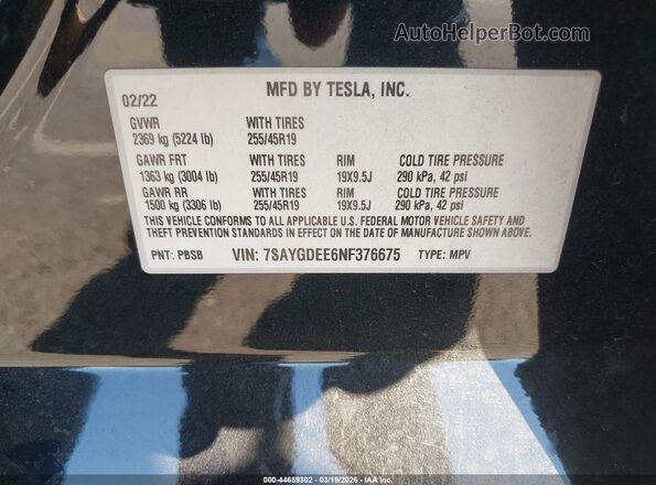 7SAYGDEE6NF376675 2022 TESLA MODEL Y Black ძრავის განყოფილების ხედი