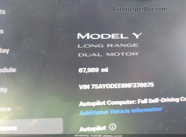7SAYGDEE6NF376675 2022 TESLA MODEL Y Black სალონის 360-გრადუსიანი ხედი