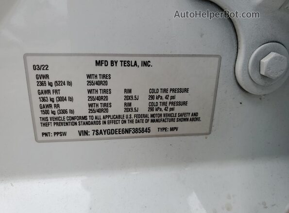 7SAYGDEE6NF385845 2022 TESLA MODEL Белый Вид наклейки с VIN-кодом