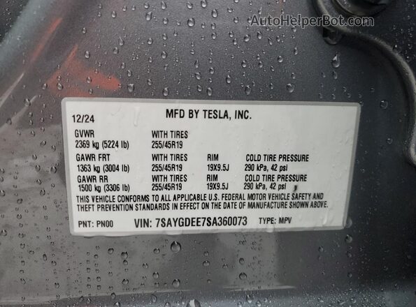 7SAYGDEE7SA360073 2025 TESLA MODEL Gray Widok naklejki z numerem VIN