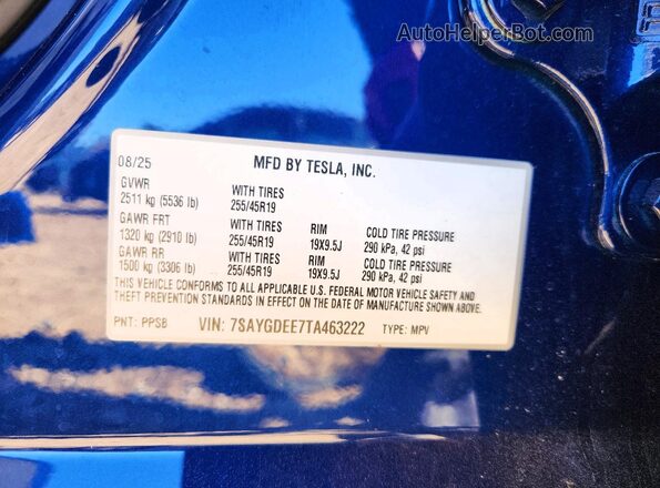 7SAYGDEE7TA463222 2026 TESLA MODEL Blue Widok wnętrza 360 stopni