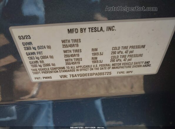 7SAYGDEE8PA085725 2023 TESLA MODEL Y Gray Widok komory silnika