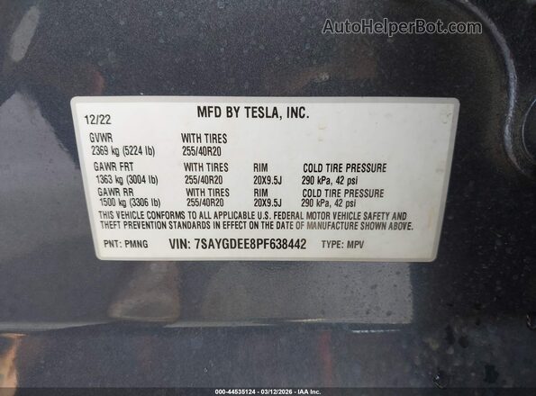 7SAYGDEE8PF638442 2023 TESLA MODEL Y Gray Widok komory silnika