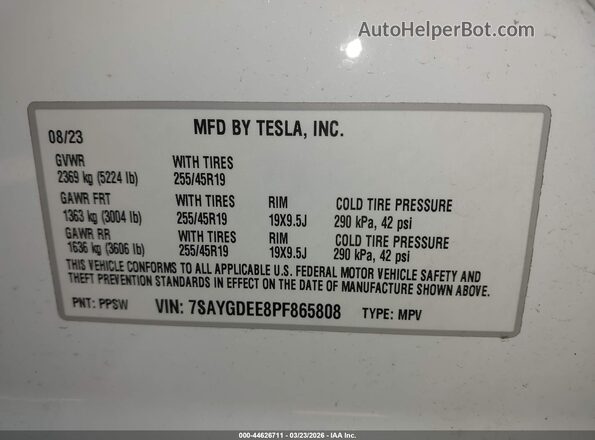 7SAYGDEE8PF865808 2023 TESLA MODEL Y White Vista del compartimento del motor
