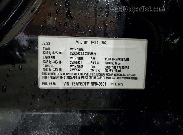 7SAYGDEF1NF549205 2022 TESLA MODEL Черный Панорамный вид салона 360°