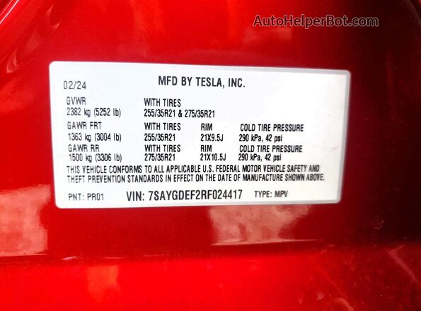 7SAYGDEF2RF024417 2024 TESLA MODEL Red VIN კოდის სტიკერის ხედი