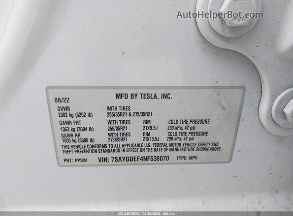 7SAYGDEF4NF538070 2022 TESLA MODEL Y White ძრავის განყოფილების ხედი