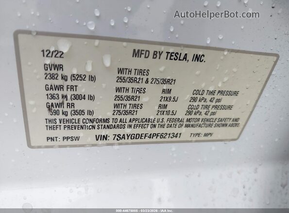 7SAYGDEF4PF621341 2023 TESLA MODEL Y White Widok komory silnika