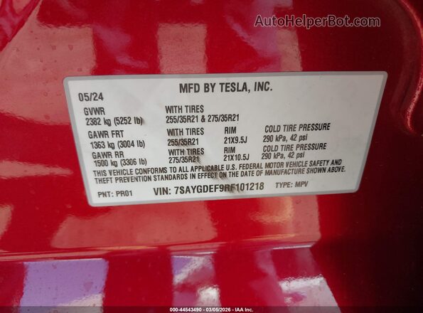 7SAYGDEF9RF101218 2024 TESLA MODEL Y Red Շարժիչի բաժամունքի տեսք