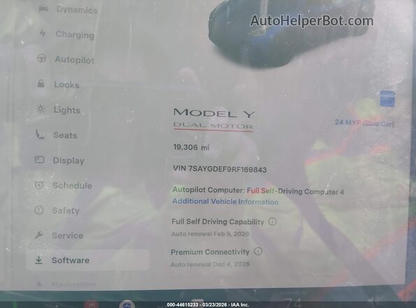 7SAYGDEF9RF169843 2024 TESLA MODEL Y Blue Вид задніх сидінь