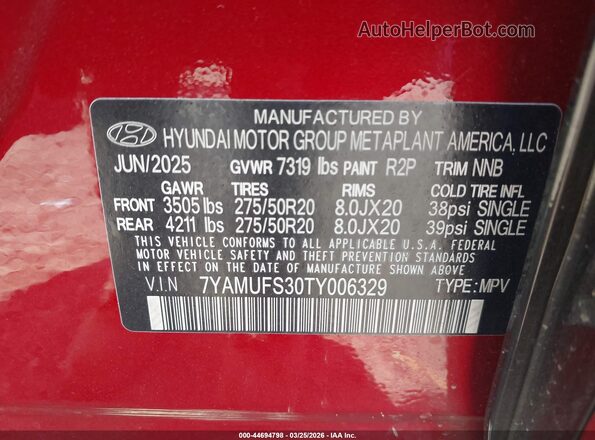 7YAMUFS30TY006329 2026 HYUNDAI IONIQ 9 Red Вид підкапотного простору