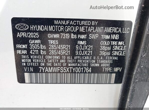 7YAMWFS5XTY001764 2026 HYUNDAI IONIQ 9 White Vista del compartimento del motor