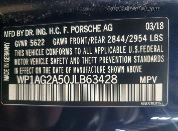 WP1AG2A50JLB63428 2018 PORSCHE MACAN Синий Панорамный вид салона 360°