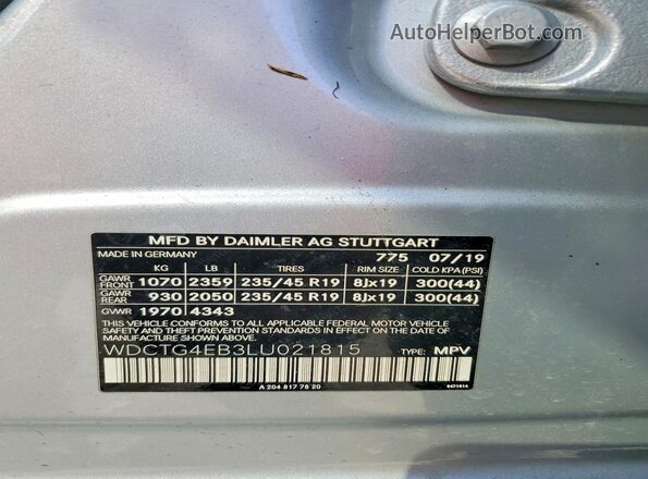 WDCTG4EB3LU021815 2020 MERCEDES-BENZ GLA-CLASS Silver Vista de la etiqueta del VIN