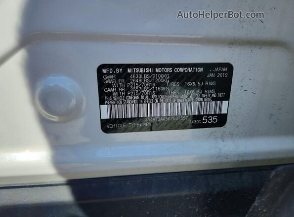 JA4AT3AA5KZ037557 2019 MITSUBISHI ECLIPSE White Vista de la etiqueta del VIN