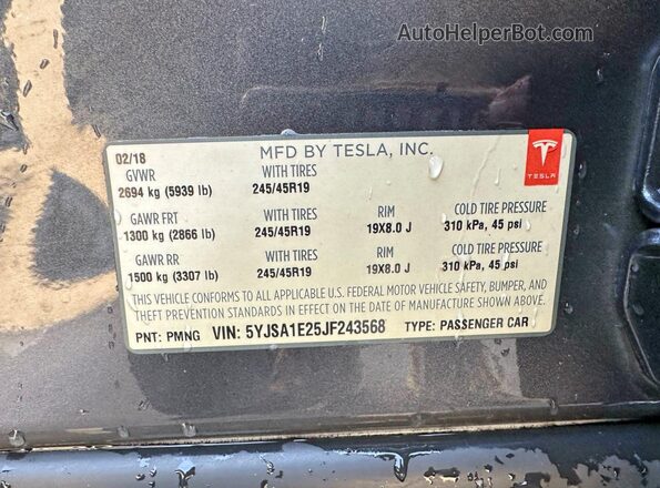5YJSA1E25JF243568 2018 TESLA MODEL Серый Вид задней части салона
